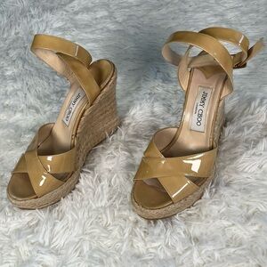 Jimmy Choo | Beige Patent Leather Phönix Espadrille Wedge Sandals